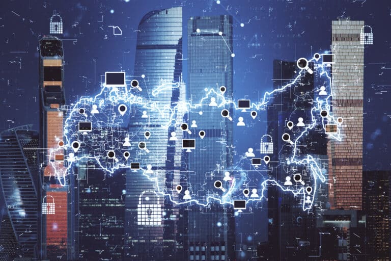 Digital network infrastructure visualization with connected data nodes and cybersecurity technology overlays.